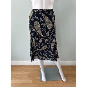 NWT Vintage 90s Midi Skirt Paisley Print Navy Blue Beige Chiffon Ruffle size 16